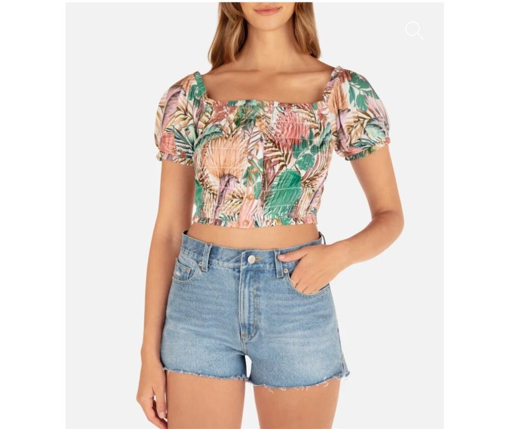 NWT Hurley L Palmetto Sunset Crop Top, Tropical Print, Puff Sleeves Elastic Hem